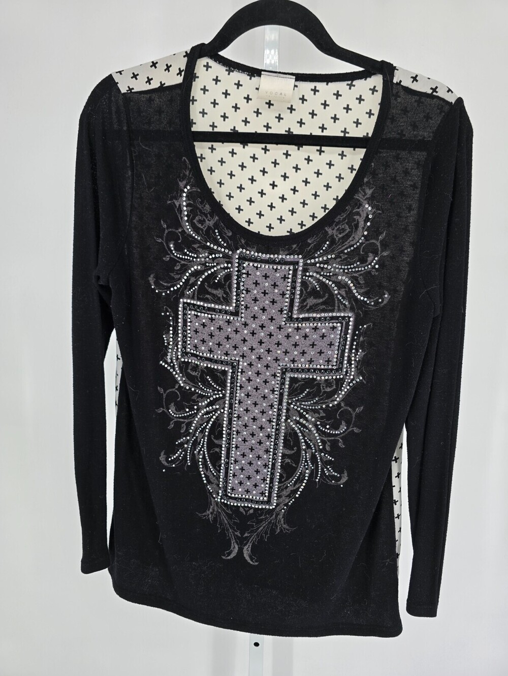 Y2K Vocal Womens Sz XL Long Sleeve Blouse Black Rhinestone Cross Embellished